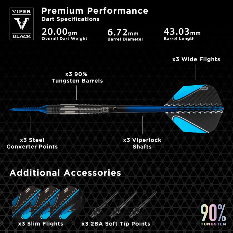 Viper Black Flux 90% Tungsten Steel or Soft Tip Conversion Darts Blue 20 Grams - Image 6