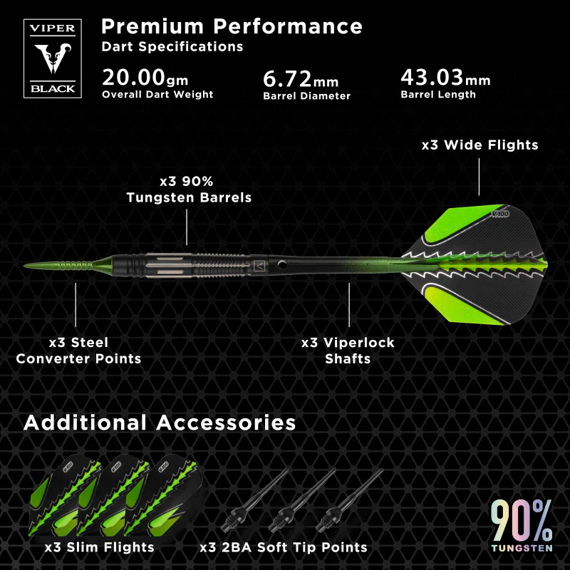 Viper Black Flux 90% Tungsten Steel or Soft Tip Conversion Darts Green 20 Grams - Image 6