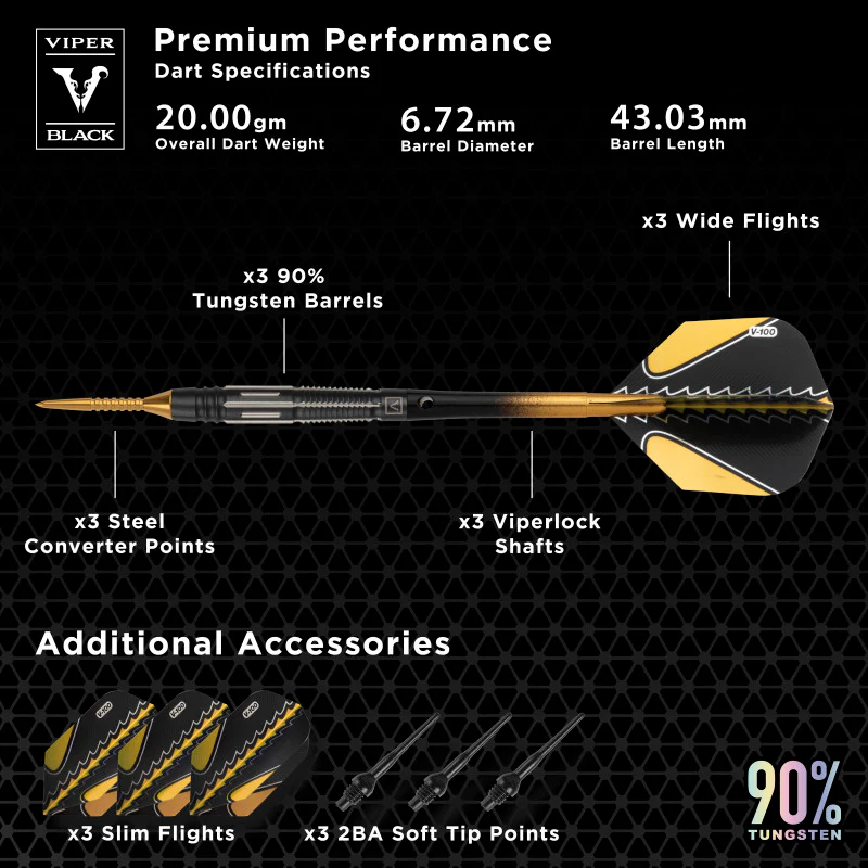 Viper Black Flux 90% Tungsten Steel or Soft Tip Conversion Darts Gold 20 Grams - Image 6