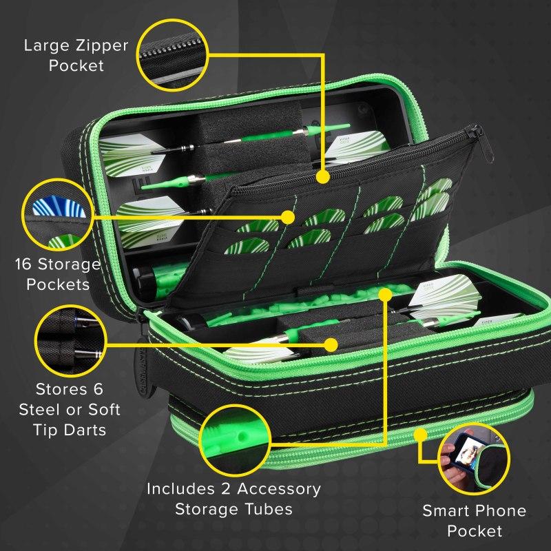 Casemaster Plazma Pro Dart Case Black with Green Trim and Phone Pocket - Image 3