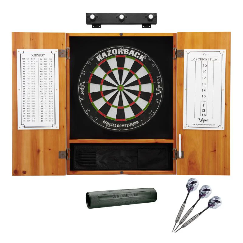Viper Razorback Sisal Dartboard, Metropolitan Oak Cabinet, Shadow Buster Dartboard Lights & "The Bull Starts Here" Throw Line Marker - Image 7