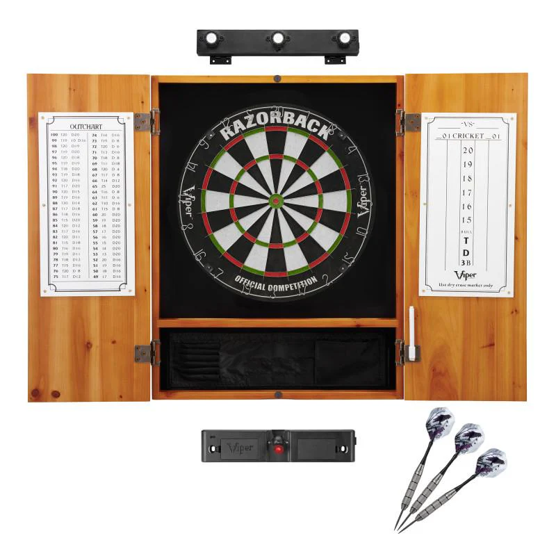 Viper Razorback Sisal Dartboard, Metropolitan Oak Cabinet, Shadow Buster Dartboard Lights & "The Bull Starts Here" Throw Line Marker - Image 9