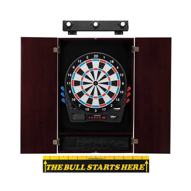 Viper Showdown Electronic Dartboard, Metropolitan Mahogany Cabinet, "The Bull Starts Here" Throw Line Marker & Shadow Buster Dartboard Lights