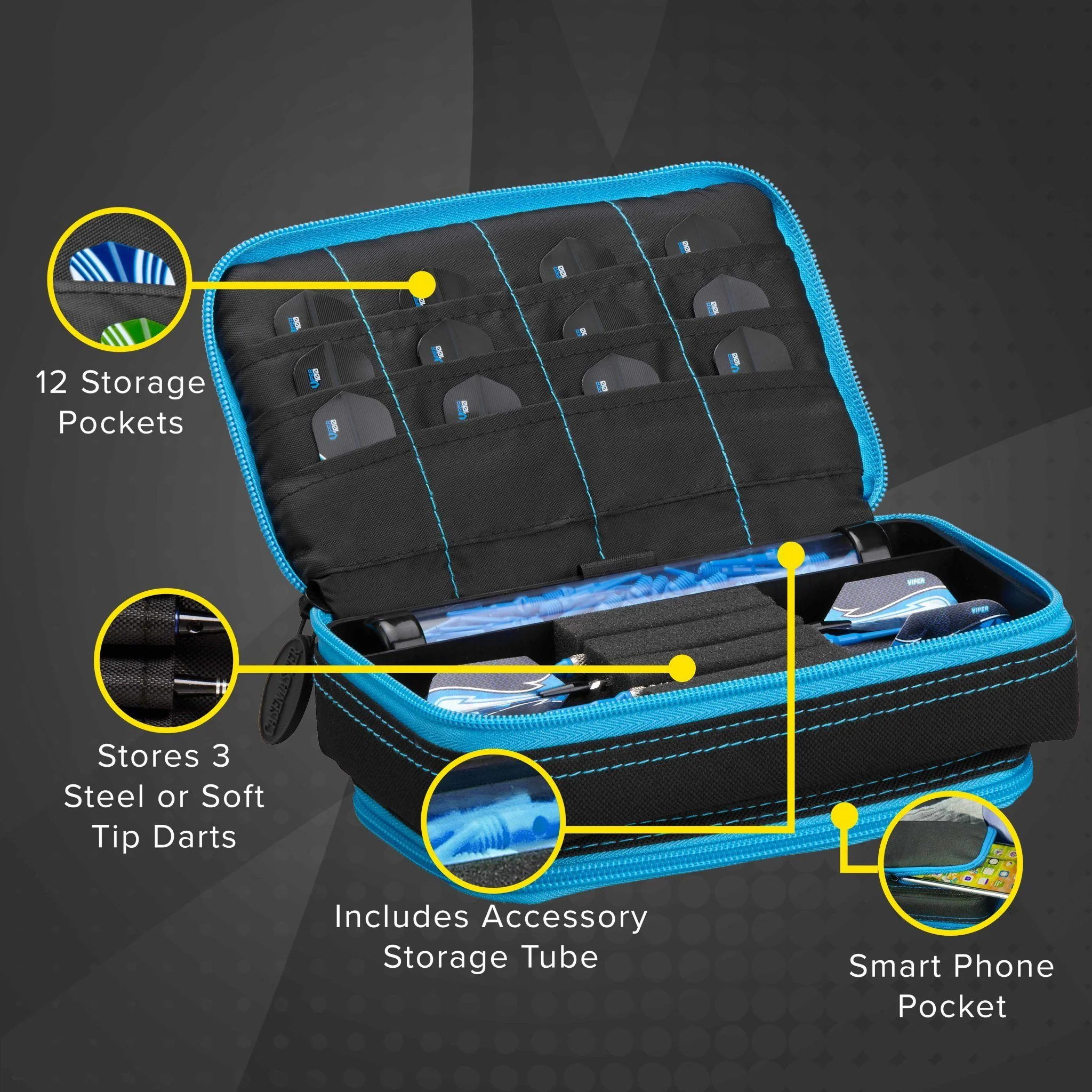 [OPEN BOX]  Casemaster Plazma Plus Dart Case Black with Blue Trim and Phone Pocket - Image 4