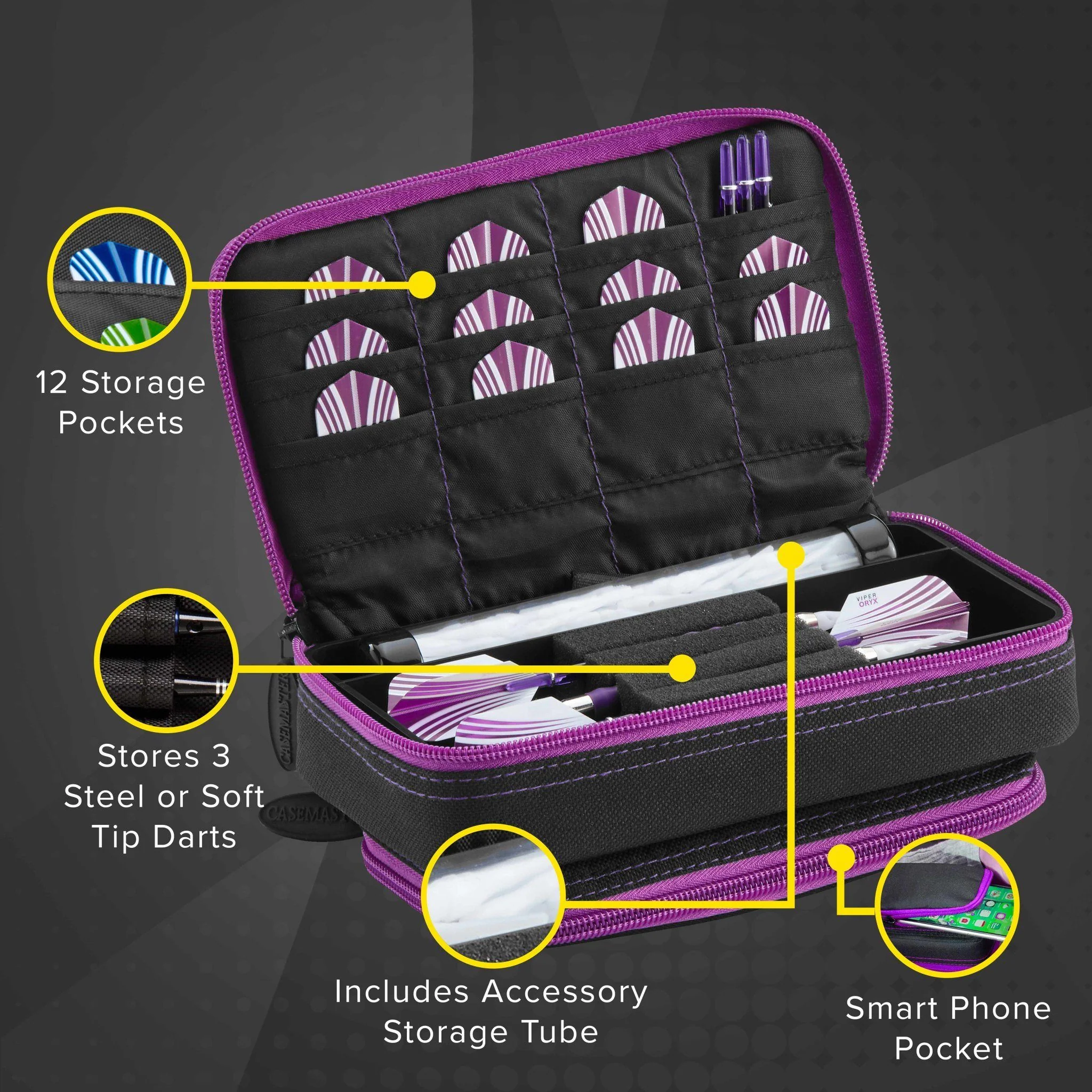 [OPEN BOX]  Casemaster Plazma Plus Dart Case Black with Amethyst Zipper and Phone Pocket - Image 4