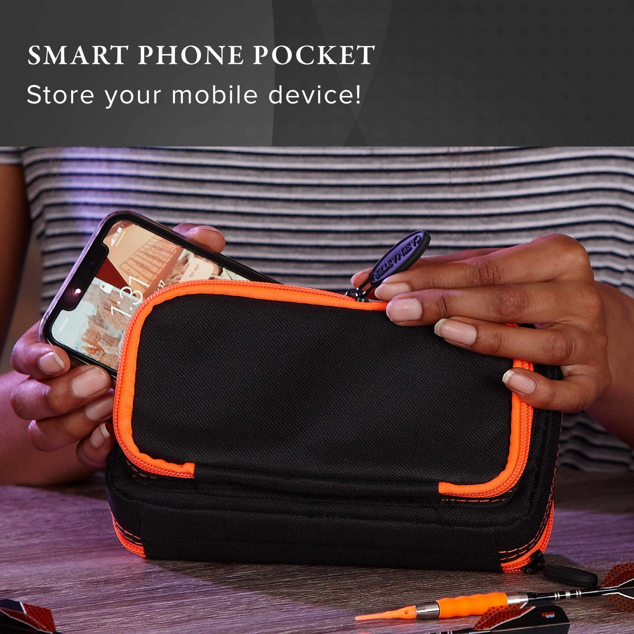[OPEN BOX]  Casemaster Plazma Plus Dart Case Black with Orange Trim and Phone Pocket - Image 7