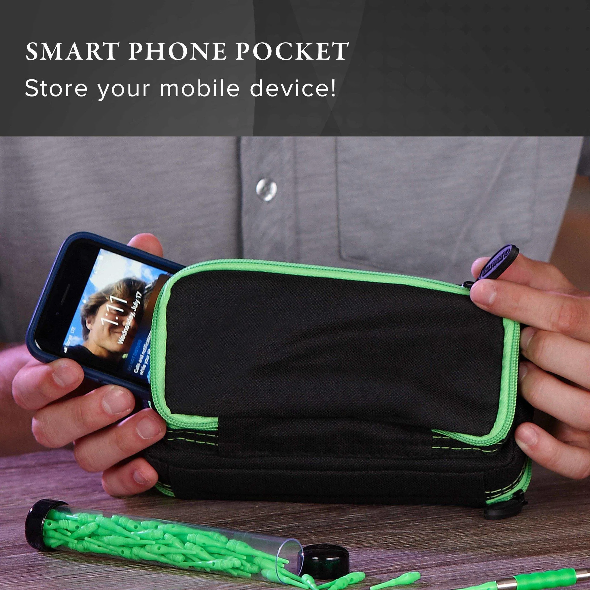 [OPEN BOX]  Casemaster Plazma Plus Dart Case Black with Green Trim and Phone Pocket - Image 7
