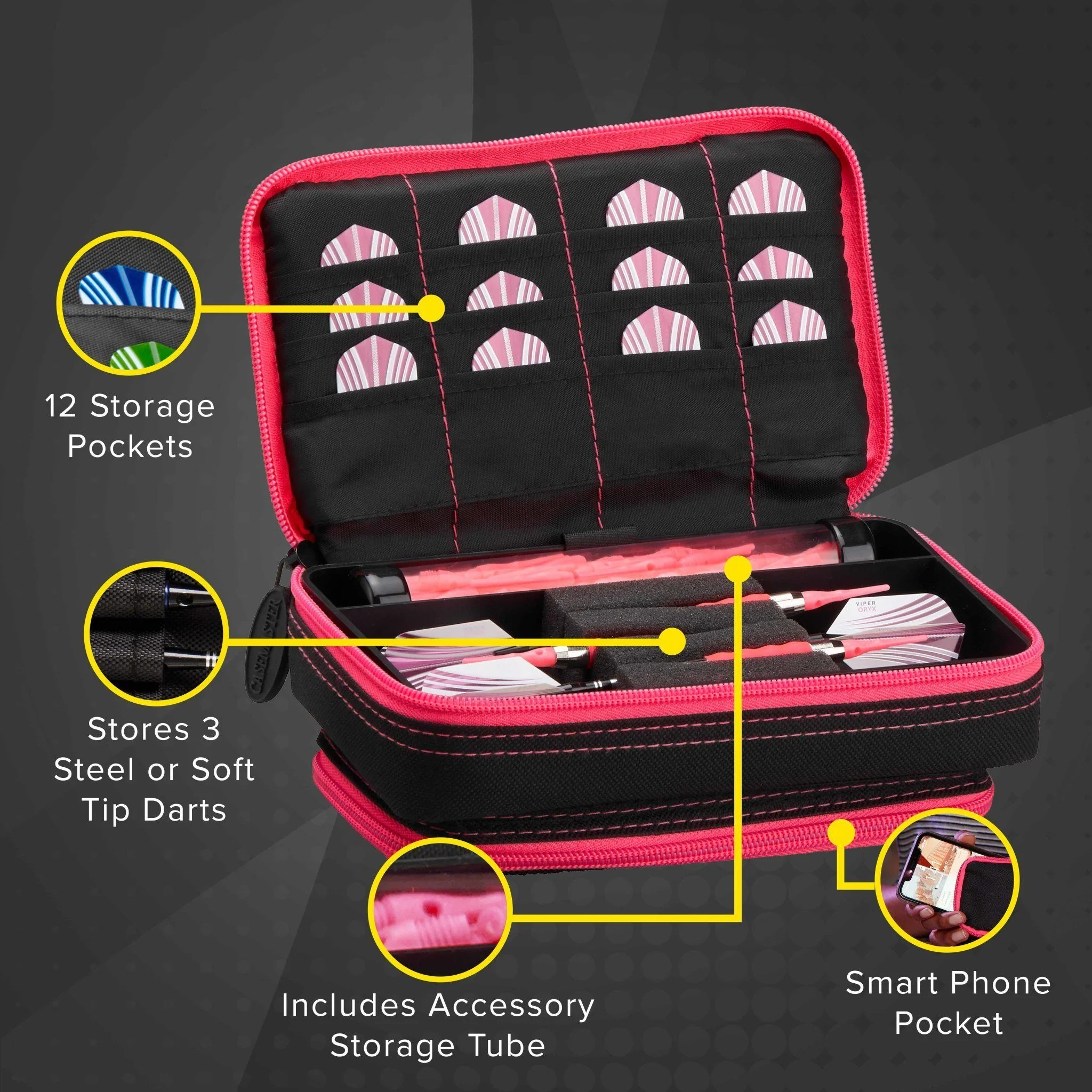 [OPEN BOX]  Casemaster Plazma Plus Dart Case Black with Pink Trim and Phone Pocket - Image 4