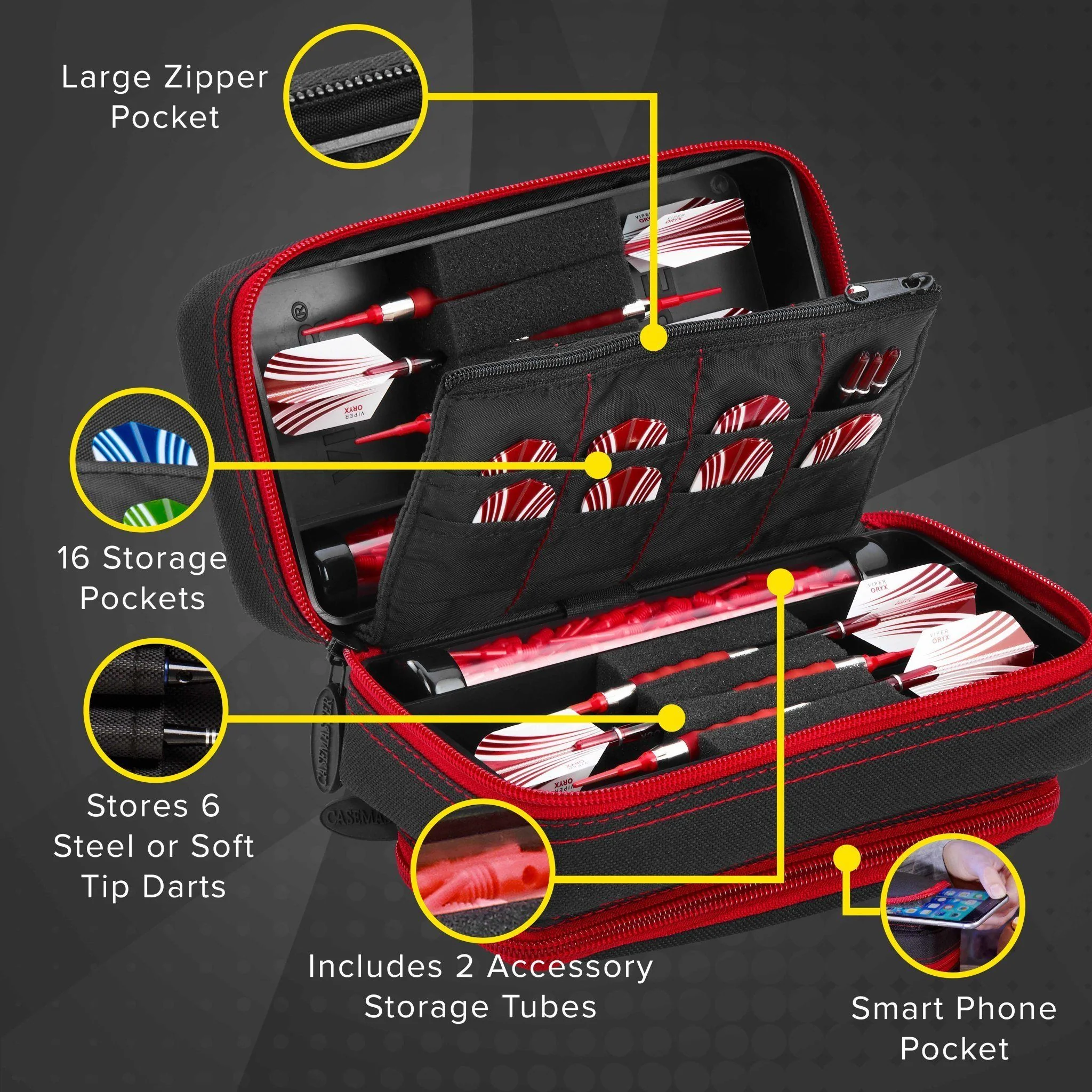 [OPEN BOX]  Casemaster Plazma Pro Dart Case Black with Ruby Zipper and Phone Pocket - Image 4