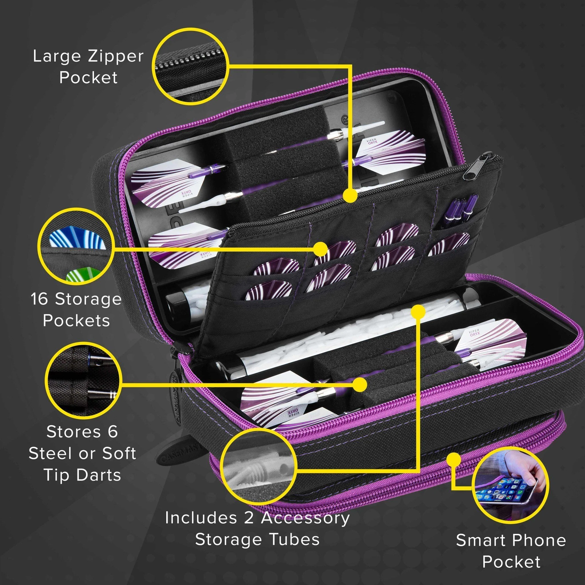 [OPEN BOX]  Casemaster Plazma Pro Dart Case Black with Amethyst Zipper and Phone Pocket - Image 4