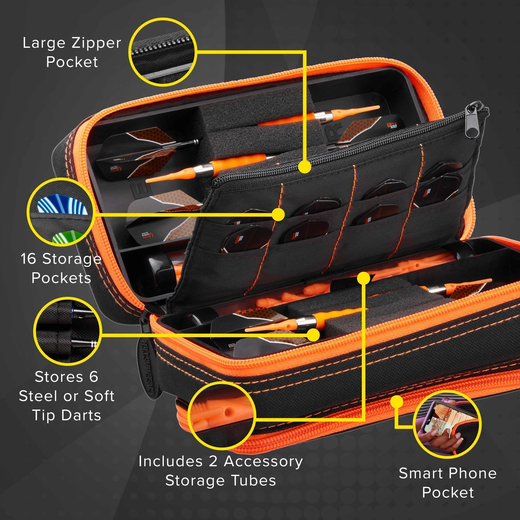 [OPEN BOX]  Casemaster Plazma Pro Dart Case Black with Orange Trim and Phone Pocket - Image 4
