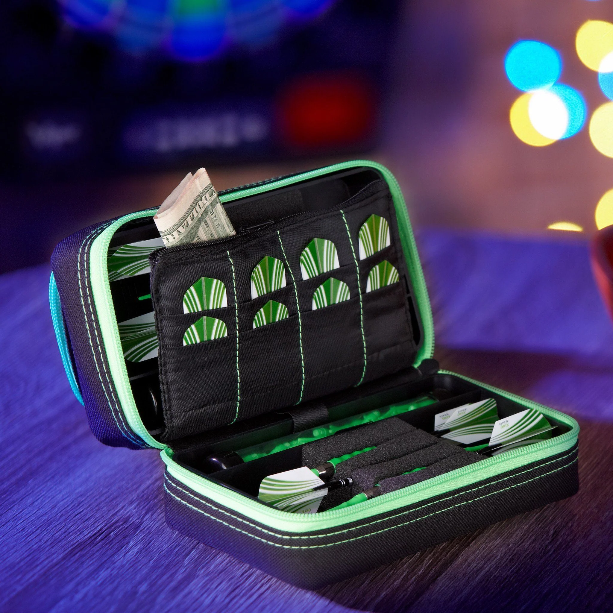 [OPEN BOX]  Casemaster Plazma Pro Dart Case Black with Green Trim and Phone Pocket - Image 9