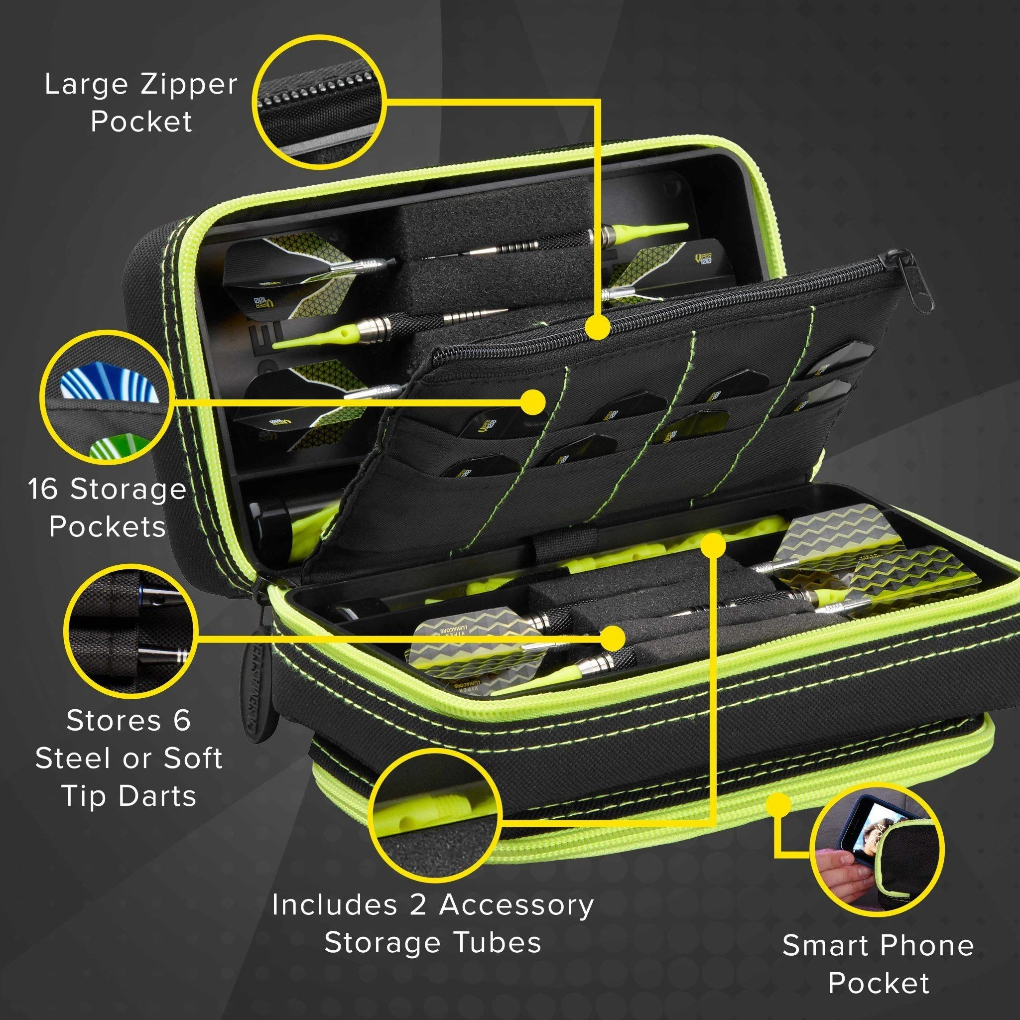 [OPEN BOX]  Casemaster Plazma Pro Dart Case Black with Yellow Trim and Phone Pocket - Image 4